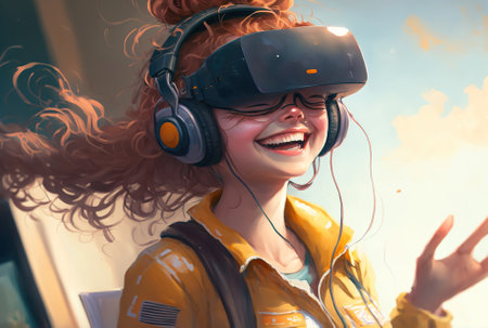 Smiley girl in medium shot using VR glassesの素材