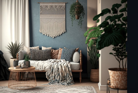 Interior of living room in a bohemian scandi style, wall mockupの素材