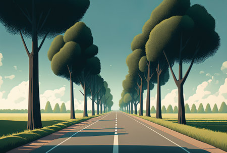 a tree lined, asphalt road beneath a hazy skyの素材