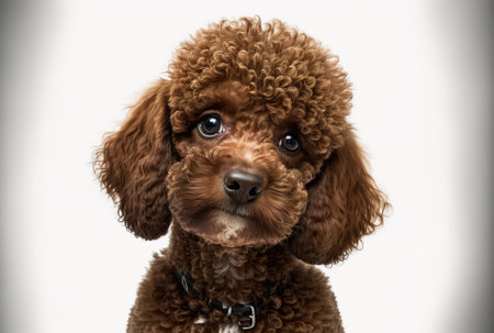 High angle portrait of a lovely brown poodle facing the camera on a white backdropの素材