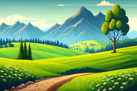 rural setting with mountains and meadowsの素材