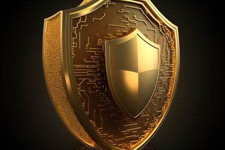 shield in gold Internet safety future technology for protecting digital data networksの素材