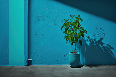 Green plant in vase with blue walled, vacant space by Sedat SEVENの素材