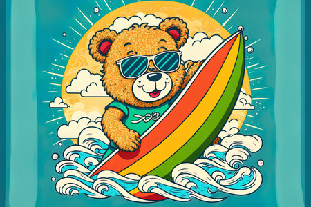 Windsurfing and sunglasses wearing cartoon bear dollの素材