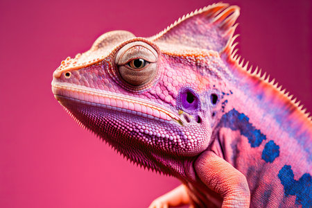 adorable, colorful exotic chameleon in close up, isolated on pinkの素材
