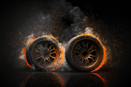 smoke filled burnt out wheels against a dark backgroundの素材