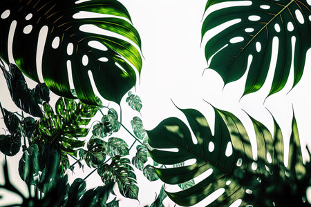 Reflections of lights in green leaves on a white backdropの素材