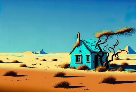 The desert is visible beyond the small cottage, and the sky is a brilliant blueの素材