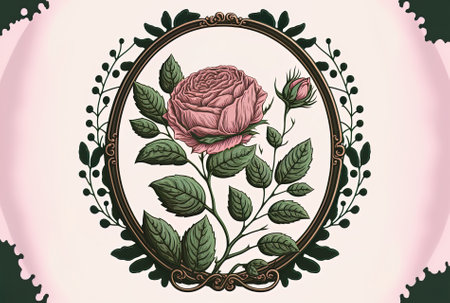 circular botanical badge with a pink rose frameの素材