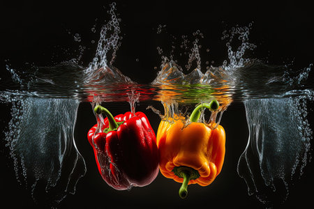 On a dark backdrop, two bell peppers are seen falling into the waterの素材