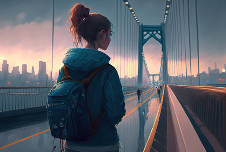 Taking a picture on a city bridge is an internet celebrityの素材