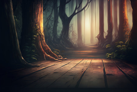 Wooden planks with blurry woods in the backdropの素材