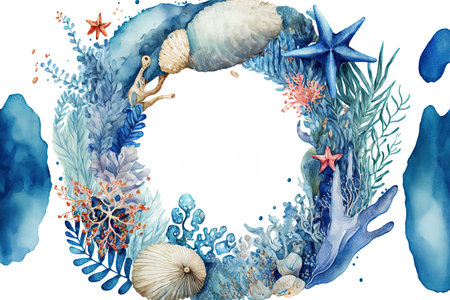 Illustration of a blue capital O with watercolor seaweeds, corals, and shellsの素材
