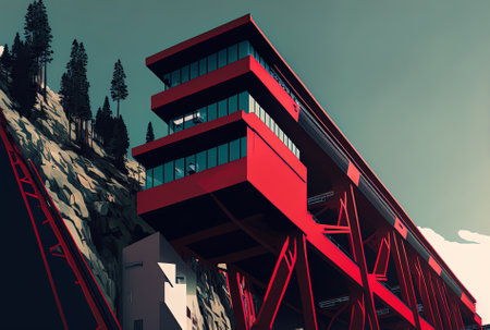 View of a funicular from below with red cabinsの素材