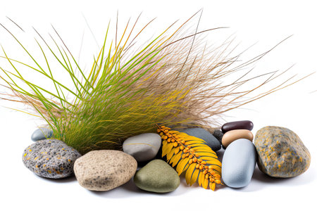 White background with grass and stonesの素材