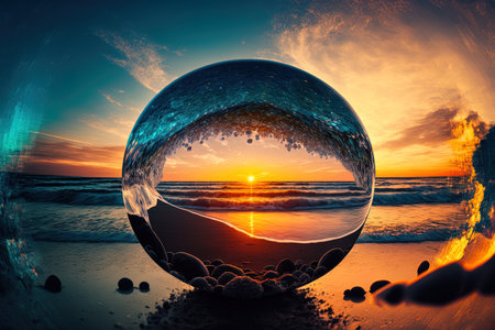 Multiverse portal ball on a beach with a setting sun for the ocean ()の素材