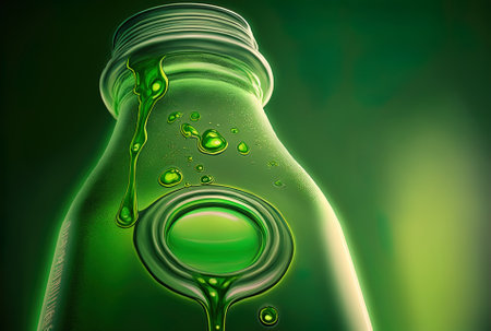 a close up of the condensate filled green bottleの素材
