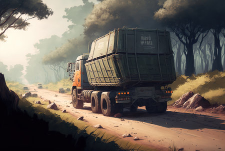 a cargo truck traveling over a rural route while carrying containersの素材