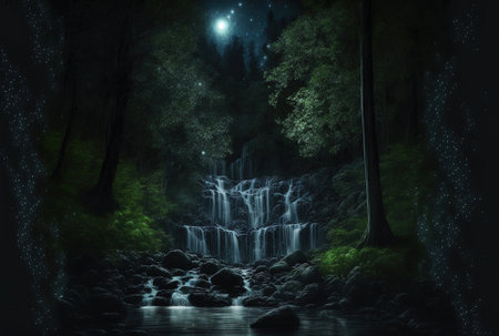 a nighttime cascading waterfall in a summer woodlandの素材