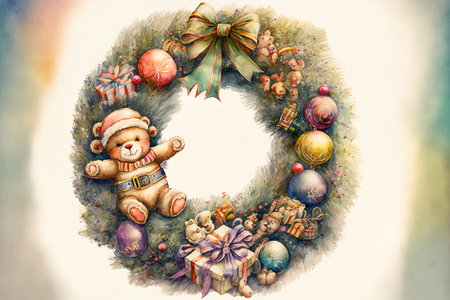 Watercolor artwork of a Christmas wreath with toys on a plain backdropの素材