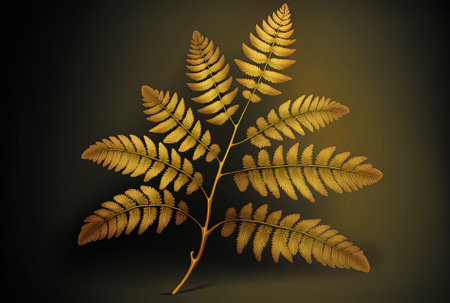 a background with a lone golden leatherleaf fernの素材