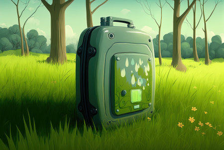Traveler's suitcase on the grass in the forestの素材