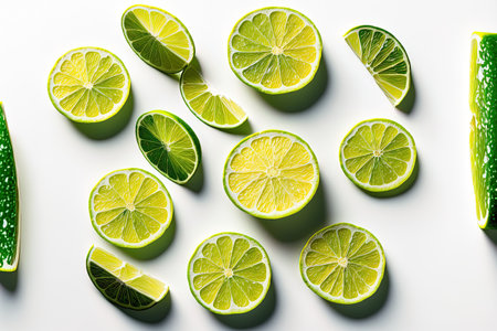 Lime slices on a white backdrop, isolated. looking up. Flat lay styleの素材