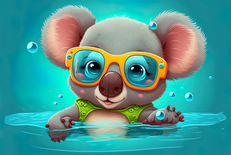 Summer cartoon image of a cute koala swimmingの素材