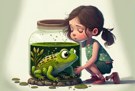Girl attempting to pet a green frog that was resting on a jar next to some waterの素材