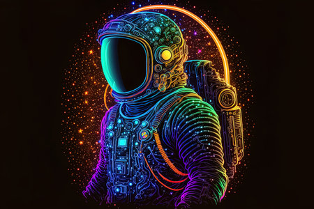Neon raster artwork of a space suit for scientific investigation of the universeの素材