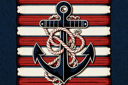 Red anchor and white and blue stripes appear in a tile sailor motifの素材