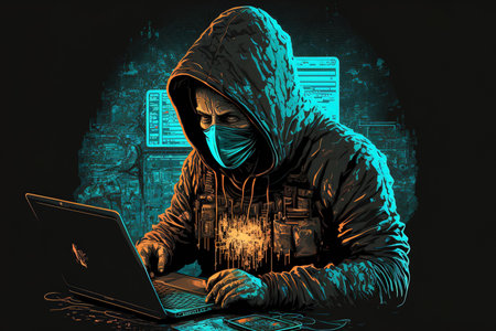 hacker using a laptop and a desktopの素材