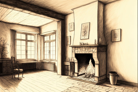 drawing of a room with a fireplaceの素材