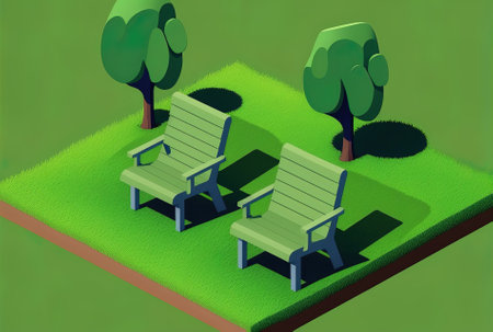 a view of two unoccupied seats in a park with new, green grassの素材
