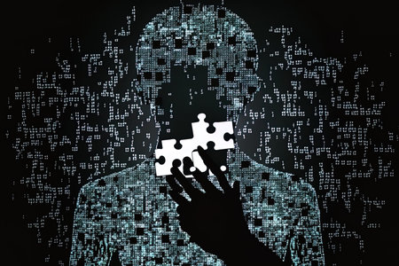silhouette of a hands holding a jigsaw puzzle piece with binary backgroundの素材