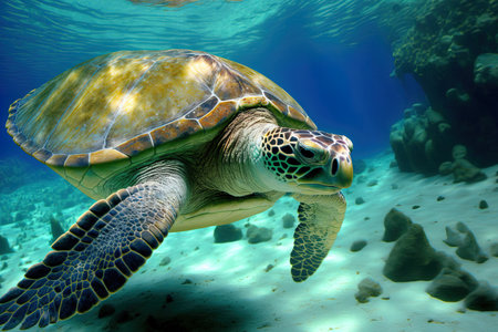 Swimming in the Mediterranean Marine is a sea turtleの素材