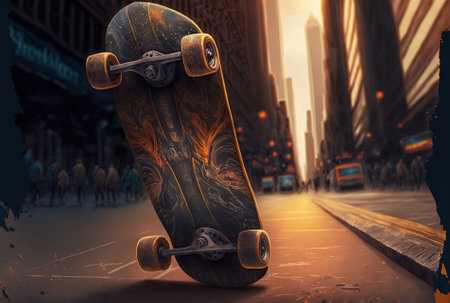 image of a skateboard up close in a cityの素材