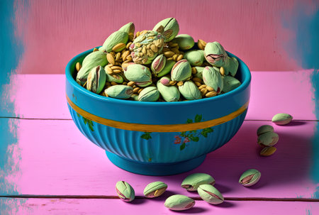 Pistachio nuts in a pink dish against a background of a blue wooden tableの素材
