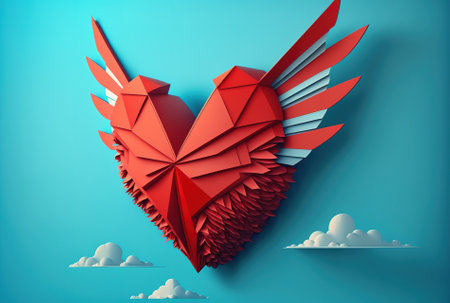 Red paper origami heart on a blue backdrop with wings and a cloudの素材