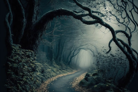 path through an eerie and gloomy forestの素材