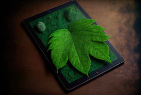 tablet and a large leaf of greenの素材