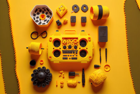 top view of a toy setup on a yellow backdropの素材