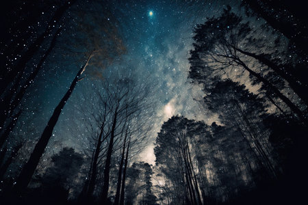 lovely low angle photograph of a woodland in the darkness of a starry night skyの素材