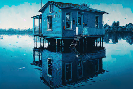 Wide view of a docked bright blue home in a body of waterの素材