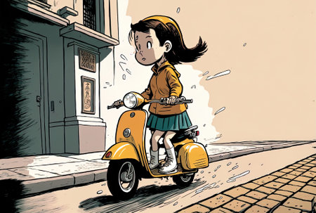 Girl pushing a scooter in reverse on a roadの素材