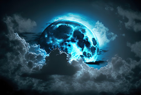 Sky at night with a full blue moonの素材