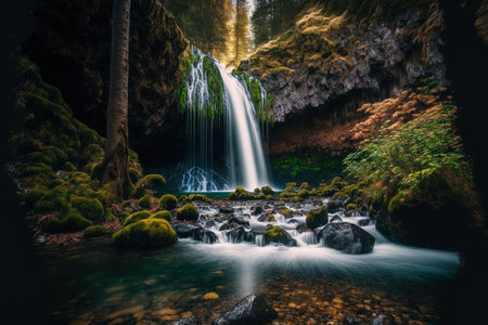 a waterfall with a long exposure amid a vibrant forestの素材