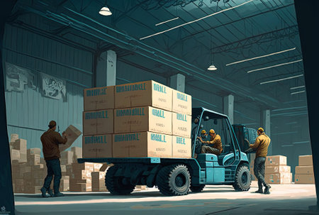 jovial loaders setting up supplies at the warehouseの素材