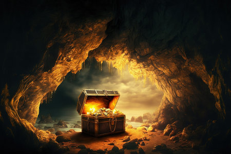 picture of a cave with an open treasure box filled with shiny goldの素材