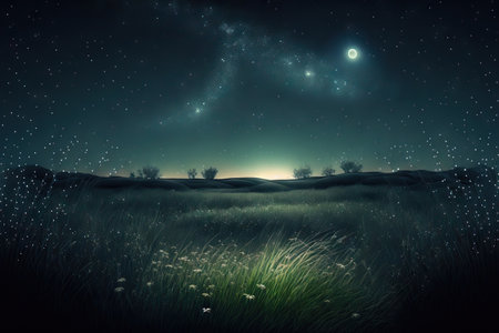 grassland at night with stars. Meadow scene at night with a starry skyの素材